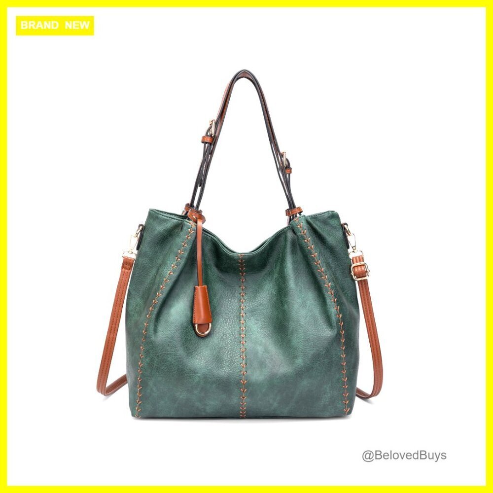 Soft Leather Hobo Tote Bag with Rivet Detail, Adjustable Strap, Spacious